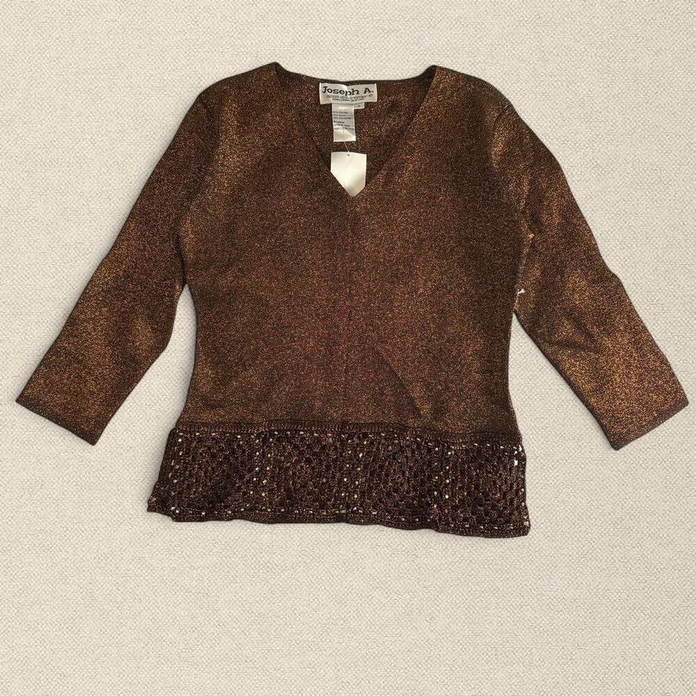 BNWT Metallic Brown 3/4 Sleeve w Crochet Beaded Trim sz S